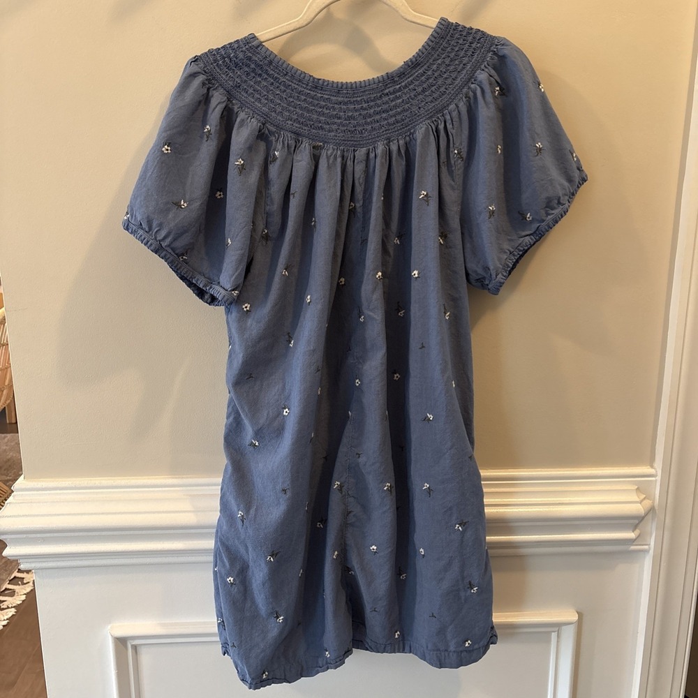 Smocked Neck Womens Blue Cotton Flower Cottagecore dress Large - Picture 5 of 6